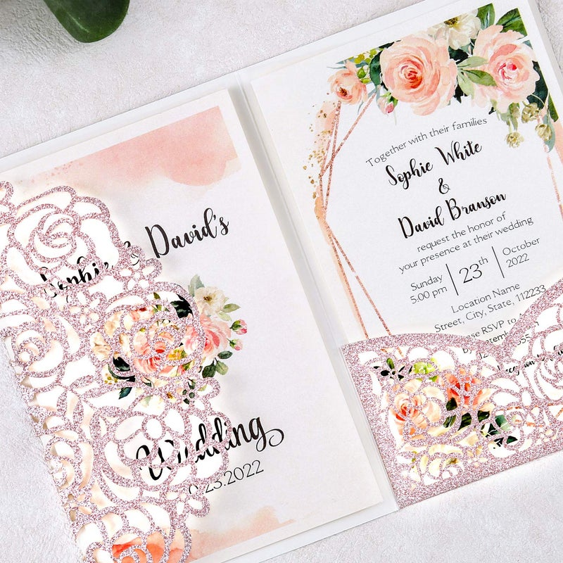 DreamBuilt 4.7 x7 inch 50PCS Blank Rose Gold Glitter Wedding Invitations Kit Laser Cut Hollow Rose Pocket Wedding Invitation Cards with Envelopes for Wedding Bridal Shower Engagement Invite - Image 5